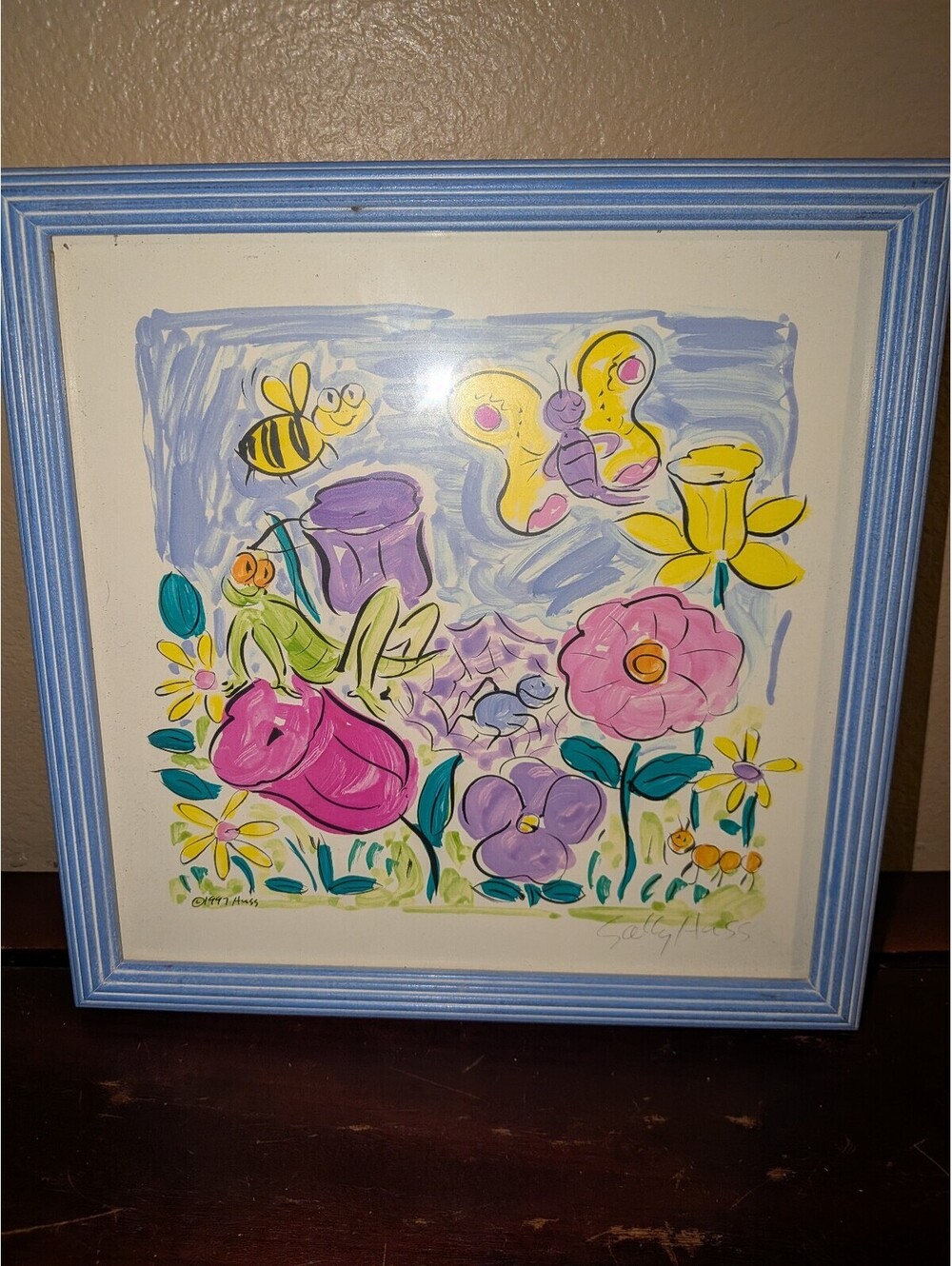 Sally Huss 1997 Signed Mixed Media Floral Artwork